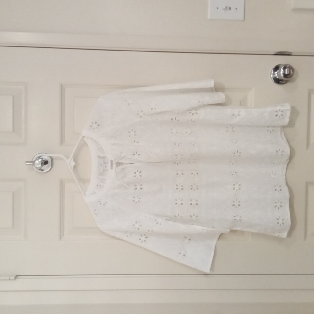 J. Jill Lace Eyelet Tie Front Tunic 3/4 Sleeves XS, White